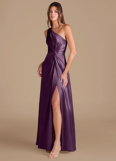 Azazie Brooke Bridesmaid Dresses Plum A-Line One Shoulder Metallic Satin Dress image4