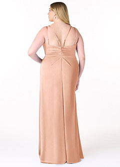 Azazie Aqua Bridesmaid Dresses Rose Gold A-Line V-Neck Pleated Stretch Satin Dress image9