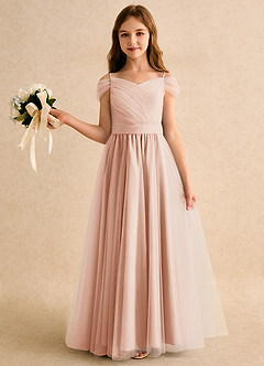 Azazie Yuna Girls Formal Jurken voor bloemenmeisjes A-Lijn Jurk van Tule Off the Shoulder Engelse Roos image3