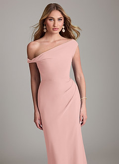 Azazie Emerson At-home Try On Dresses Dusty Blue Sheath Off the Shoulder Chiffon Dress image2