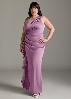 Azazie Latrice Bridesmaid Dresses Wisteria Sheath One Shoulder Cascading Ruffles Stretch Satin Dress image8