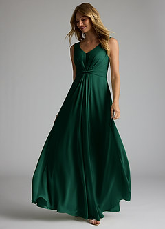 Azazie Gina Bridesmaid Dresses Emerald A-Line V-Neck Pleated Chiffon Dress image2