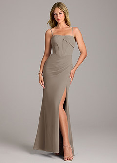 Azazie Chantel Robes de demoiselle d'honneur Robe Fourreau Convertible en Mousseline de soie Sans bretelle Taupe image5