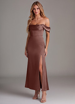 Azazie Saige Robes de demoiselle d'honneur Robe Sirène en Satin extensible Épaule décolletée Expresso image1