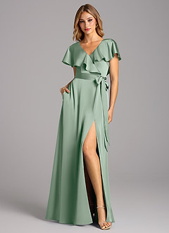 Azazie Lainey Bridesmaid Dresses Agave A-Line with Pockets Stretch Satin Dress image3