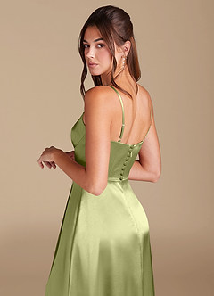 Azazie Halsey Bridesmaid Dresses Pistachio A-Line Side Slit Metallic Satin Dress image2