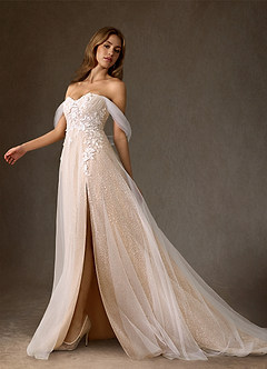 Azazie Seradine Wedding Dresses Diamond White Nude A-Line Off the Shoulder Beading Dress image2