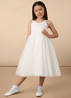 Azazie Ellison vestidos de niña de las flores Vestido de Diamante Blanco de Tul de Princesa con Encaje image1