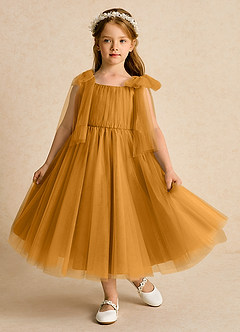 Azazie Dori Robe Demoiselle D'honneur Fillette Robe Trapèze en Tulle Rayé Caramel écossais image2