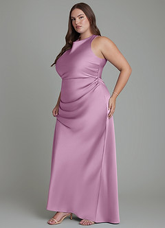 Azazie Evadne Bridesmaid Dresses Wisteria Sheath Pleated Stretch Satin Dress image13