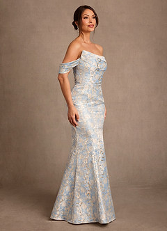 Azazie Nettie At-home Try On Dresses Dusty Blue Mermaid Off the Shoulder Jacquard Dress image2