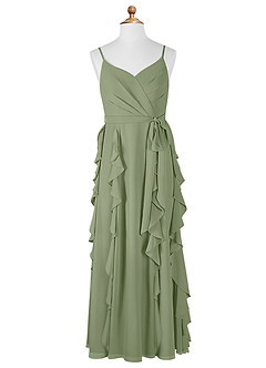 Azazie Peyton Junior Vestido Pistacho de Gasa de Corte en A con Volantes en cascada Cuello en V image6