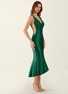 Delphine Vert Foncé Robe longue corsetée à col V en satin stretch ornée de perles image3
