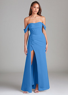 Azazie Amyra Robes de demoiselle d'honneur Robe Fourreau Convertible en Mousseline de soie Épaule décolletée Geai Bleu image1