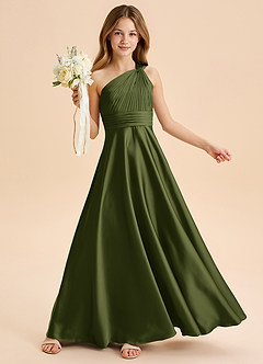 Azazie Charlize Junior Robe Trapèze en Satin extensible Plissée Olive image1