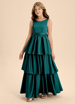 Azazie Meadowyn Junior Abito A-Line in Raso Elasticizzato Fiocco Verde Pavone image4