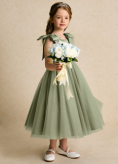 Azazie Serene Flower Girl Dresses Pistachio Ball-Gown Bow Matte Satin Dress image5