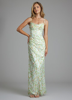 Azazie Mai Bridesmaid Dresses Green Watercolor Floral Sheath Pleated Watercolor Floral Dress image1