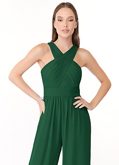 Azazie Berdie Bridesmaid Dresses Dark Green Halter Chiffon Jumpsuit image5