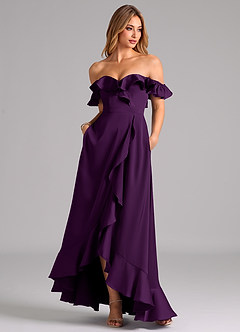 Azazie Lyra Bridesmaid Dresses Grape A-Line Off the Shoulder Stretch Satin Convertible Dress image3