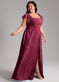 Azazie Bondi Bridesmaid Dresses Burgundy A-Line Side Slit Floral Burnout Dress image3
