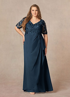 Azazie Amedeus vestidos de madre de la novia Vestido Azul Marino Oscuro de Gasa de Corte en A con Encaje cuello pico image6