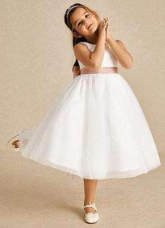 Azazie Kavi Blumenmädchenkleider A-Linie Schleifen Matte Satin Kleid Elfenbein Champagnerrose image5