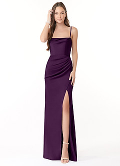 Azazie Leonis Vestidos de damas de honor Vestido de Uva de Satén Elástico de Corte Sirena Convertible con Plisado image1