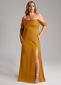 Azazie Saige Brautjungfernkleider Etui Schulterfrei Stretch-Satin Kleid Butterscotch image11