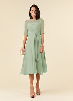 Azazie Naomi Mother of the Bride Dresses Dusty Sage A-Line Boatneck Pleated Chiffon Dress image1