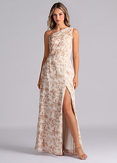 Azazie Phaedra Bridesmaid Dresses Pink Fern Floral A-Line One Shoulder Chiffon Dress image1