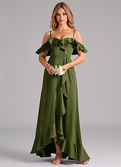 Azazie Lyra Bridesmaid Dresses Olive A-Line Off the Shoulder Stretch Satin Convertible Dress image5