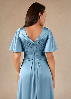 Azazie Emmeline Moeder van de bruid jurken A-Lijn Jurk van Stretch Satijn Geplooid Staal Blauw image4