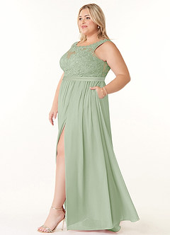Azazie Elly Bridesmaid Dresses Dusty Sage A-Line Lace Scoop Neck Chiffon Dress image9