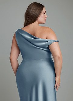 Azazie Emerson Vestidos de damas de honor Vestido Azul Polvoriento de Satén Elástico de Corte Sirena con Hombros descubiertos image13