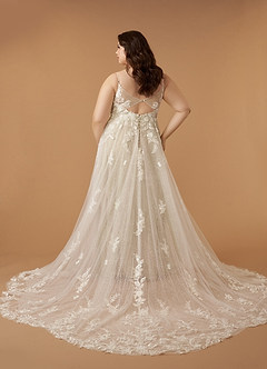 Azazie Arabelle Wedding Dresses Diamond White Nude A-Line V-Neck Lace Tulle Dress image10