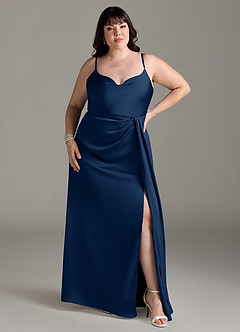 Azazie Brielle Robes de demoiselle d'honneur Robe Trapèze en Satin extensible Bretelles spaghetti Bleu Marine Foncé image6