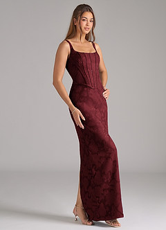 Azazie Kenna Bridesmaid Dresses Cabernet Sheath Side Slit Floral Burnout Dress image4