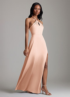 Azazie Tracie Bridesmaid Dresses Rose Gold A-Line Side Slit Stretch Satin Dress image3