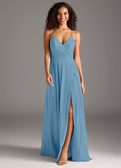 Azazie Davis Bridesmaid Dresses Steel Blue A-Line Pleated Mesh Dress image2