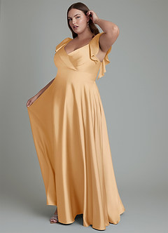 Azazie Leilani Bridesmaid Dresses Gold A-Line Ruched Stretch Satin Dress image14