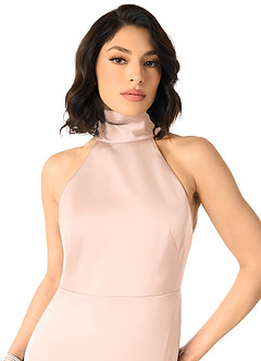 Azazie x Delaney Bridesmaid Dresses Blushing Pink Sheath High Neck Stretch Satin Dress image3