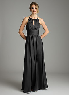 Azazie Bonnie Bridesmaid Dresses Black A-Line Pleated Stretch Satin Dress image3