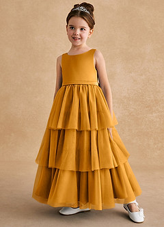 Azazie Megallie Flower Girl Dresses Butterscotch A-Line Bow Tulle Dress image2
