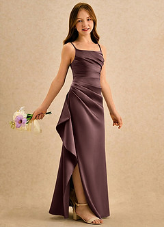 Azazie Cannoli Girls Formal Robe Demoiselle D'honneur Fillette Robe Trapèze en Mat Satiné Plissée Expresso image1