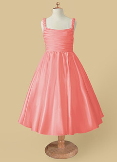 Azazie Cutie Pie Flower Girl Dresses Coral A-Line Pleated Matte Satin Dress image4