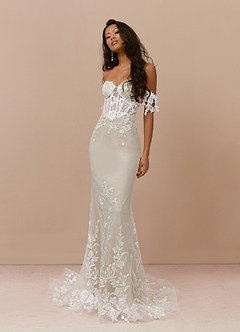 Azazie Evergarden Abiti da Sposa Abito A-Line in Tulle Lustrini Diamante Bianco Sabbia image1