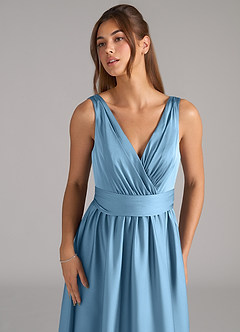 Azazie Kora Final Sale Steel Blue A-Line Pleated Stretch Satin Dress image7