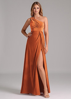 Azazie Brooke Vestidos de damas de honor Vestido de Naranja Quemada de terciopelo de Corte en A con Hombro unilateral image3