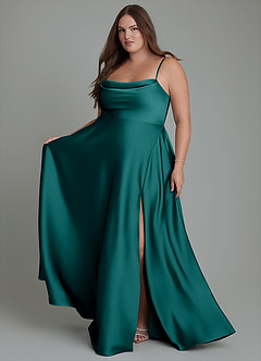 Azazie Elle Bridesmaid Dresses Peacock A-Line Pleated Stretch Satin Dress image8